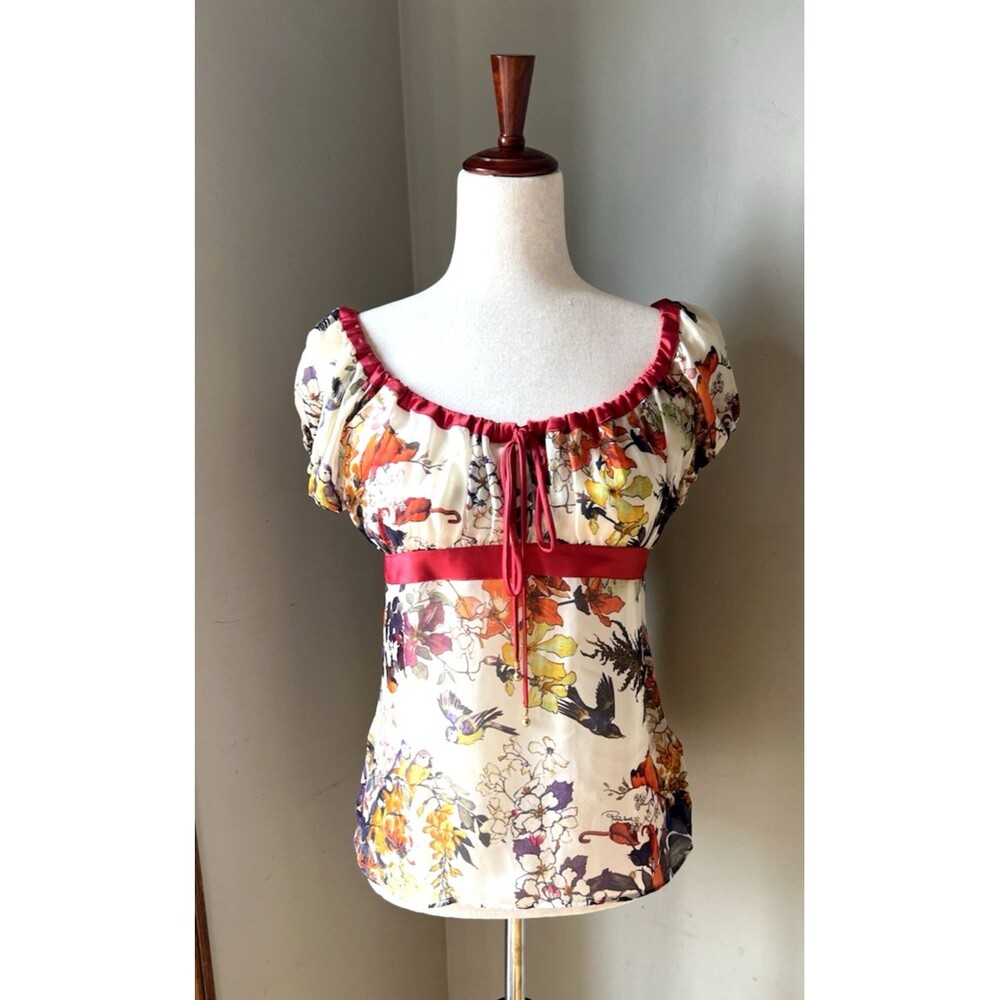 Auth. Roberto Cavalli Silk Bird Floral Print Blouse Empire Waist Top Italy 42